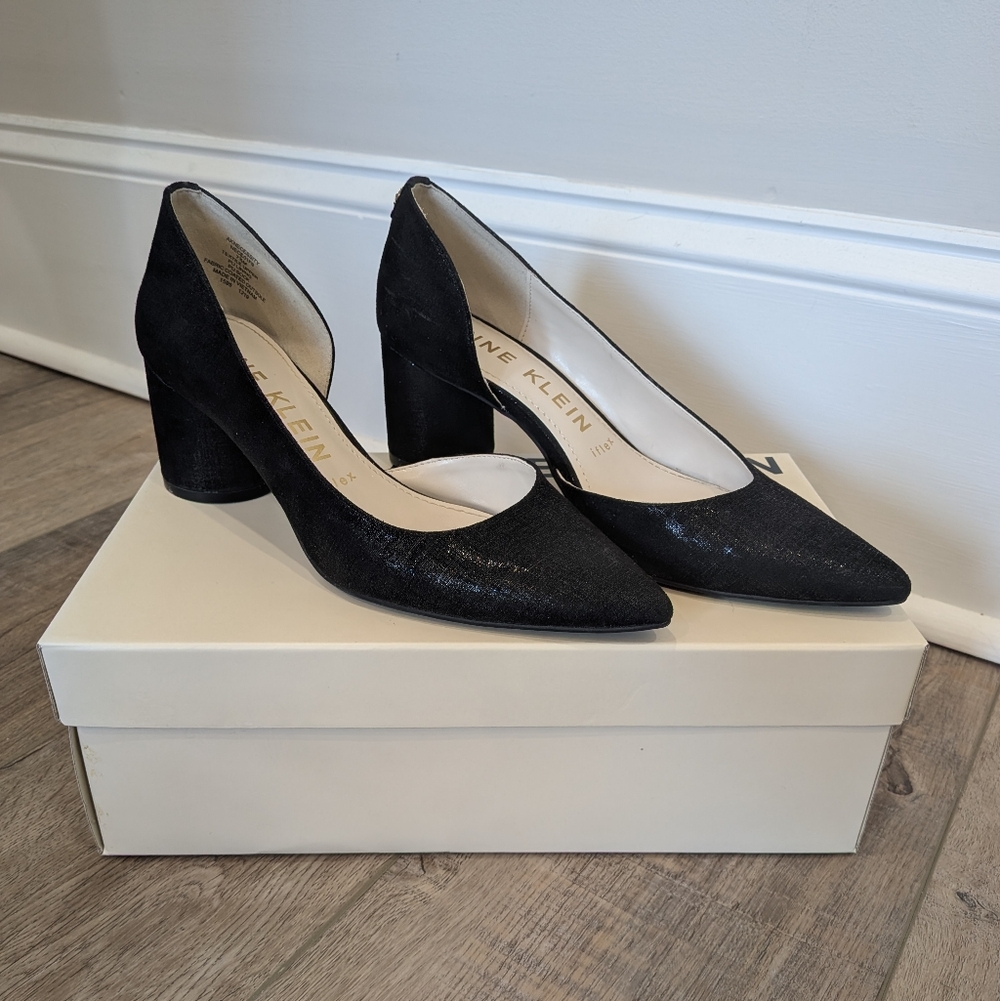 Anne Klein Flex Black Pointed-Toe Shimmer Block Heels | 7.5
